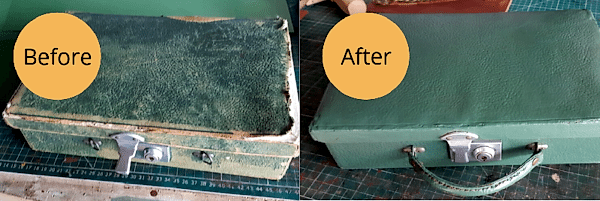 Green leather briefcase restore before and after by Devon Leather Care