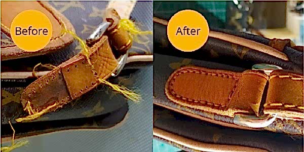 Leather strap repair, before and after, by Devon Leather Care